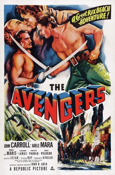 Framed Print : THE AVENGERS, US poster, kissing from left: Adele Mara, John Carroll, dueling from left: John Carroll, Roberto Airaldi, 1950 Framed Print : THE AVENGERS, US poster, kissing from left: Adele Mara, John Carroll, dueling from left: John Carroll, Roberto Airaldi, 1950