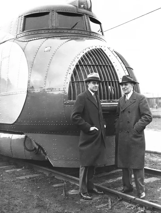Framed Print : Averill Harriman and Charles Kettering next to the new Union Pacific 120 mile an hour train. Feb.12, 1934
