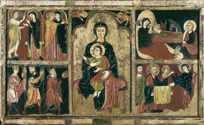 Framed Print : Avia, master of (120- ). Altar Frontal from Avi. ca. 1170 - ca. 1190. The Virgin with the Child is shown in the centre, with scenes from Jesus chilhood on the side