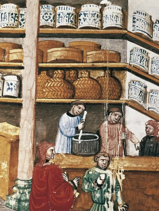 Framed Print : AVICENNA (980-1037). Canon of Medicine. ca. 1020. Pharmacy scene. Detail. Illuminated page in manuscript of 15th c. after hebrew translation of 13th. c. Renaissance art