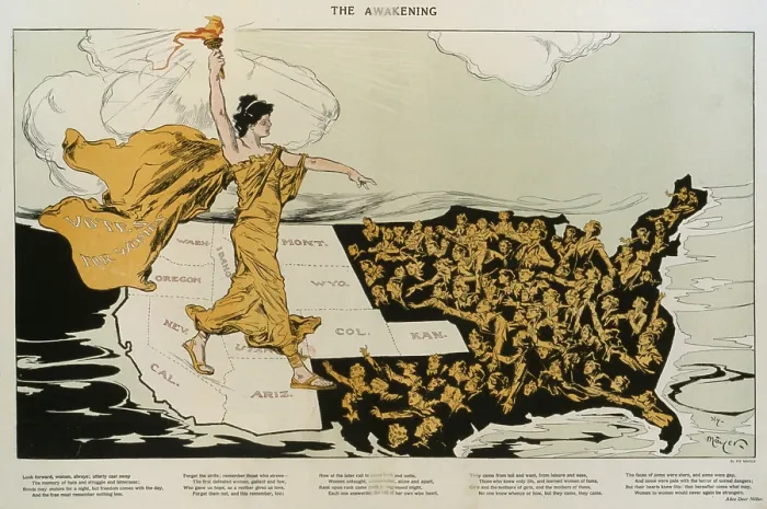 Framed Print : THE AWAKENING. A torch-bearing female, symbolizing the awakening of the nation's women, striding across the western states, where women already had the right to vote