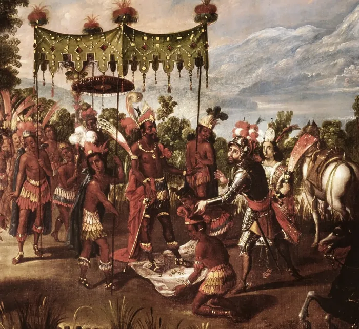 Framed Print : Aztec Emperor, Moctezuma II, leader of the Aztec empire, and Spanish conquistador Hernan Cortes meet for the first time outside the city on the shores of Lake Texcoco