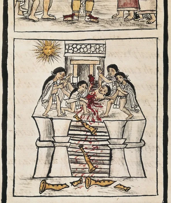 Framed Print : Azteca Empire. Sacrifice to the good Tezcatilipoca. Picture of the fol. 84v 'Libro de las Ceremonias' (Book of Ceremonies, mss. 218). Aztec art. Miniature Painting
