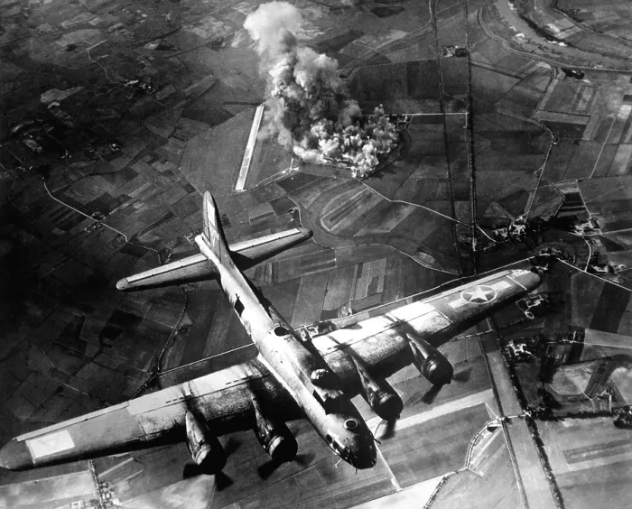 Framed Print : B-17 Bomber during the first big raid on Germany by the U.S. 8th Air Force. The raid destroyed most of the Marienburg Focke-Wulf aircraft factory. World War 2