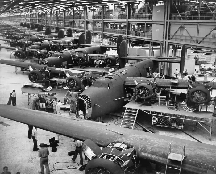 Framed Print : B-24 Liberator bombers nearing completion on the assembly line at the Consolidated Aircraft Corporation plant, Fort Worth, Texas. 1942 Framed Print : B-24 Liberator bombers nearing completion on the assembly line at the Consolidated Aircraft Corporation plant, Fort Worth, Texas. 1942