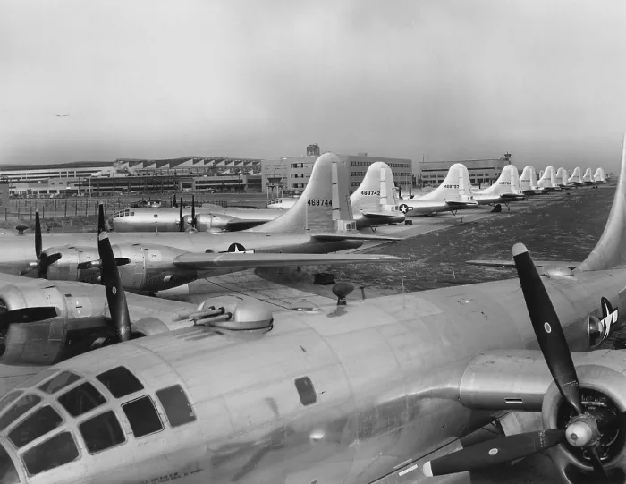 Framed Print : Eleven B-29's in the Boeing-Wichita assembly factory awaiting final flight tests