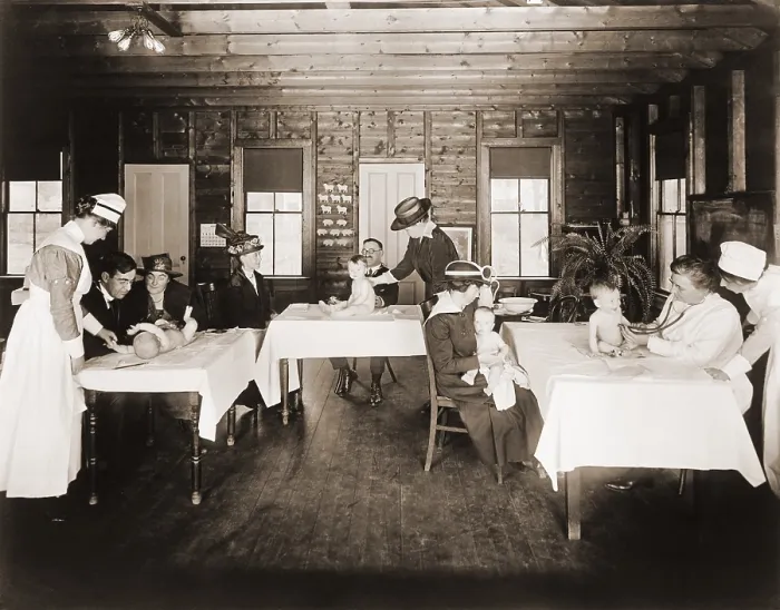 Framed Print : A well baby clinic in Framingham, Massachusetts, provided medical examinations to babies. Ca. 1920