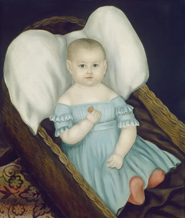 Framed Print : Baby in Wicker Basket, Joseph Whiting Stock, 1840, American Nave painting, oil on canvas