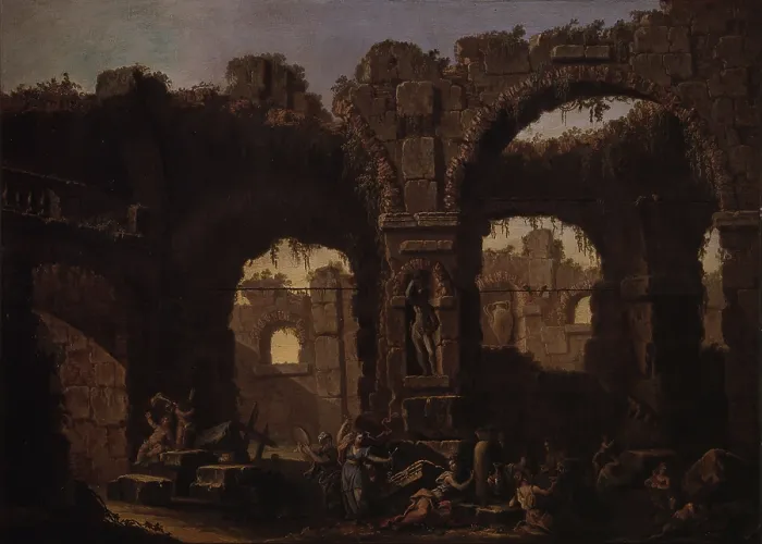 Framed Print : Bacchanal in classical ruins, by Tommaso Formenti also known as Formenti, 1720, 18th Century, oil on canvas - Italy, Lombardy, Milan, Archbishopric. Whole artwork view Framed Print : Bacchanal in classical ruins, by Tommaso Formenti also known as Formenti, 1720, 18th Century, oil on canvas - Italy, Lombardy, Milan, Archbishopric. Whole artwork view