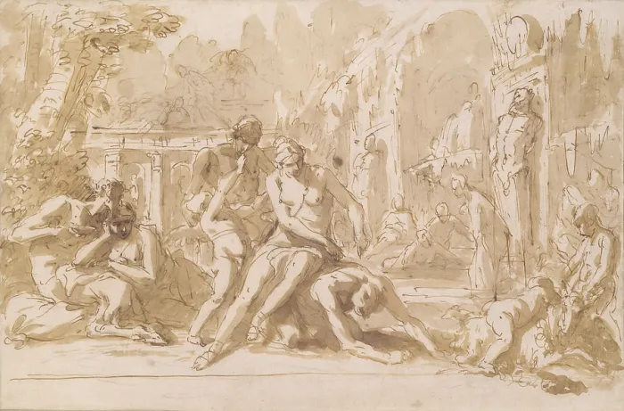 Framed Print : Bacchanal, by Sebastiano Ricci, 1720, 18th Century, black pen, pencil, ink and light brown watercolor on paper - Italy, Veneto, Venice, Academy Galleries. Whole artwork view Framed Print : Bacchanal, by Sebastiano Ricci, 1720, 18th Century, black pen, pencil, ink and light brown watercolor on paper - Italy, Veneto, Venice, Academy Galleries. Whole artwork view