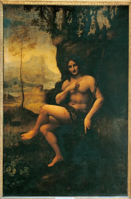 Framed Print : Bacchus St John, by Leonardo da Vinci, 1510 - 1515, 16th Century, oil and tempera on panel transferred to canvas, cm 177 x 115 - France, Ile de France, Paris, Muse du Louvre. All
