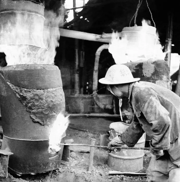 Framed Print : Backyard furnace in China during the disastrous Great Leap Forward. The government encouraged peasants to make small quantities of steel in primitive backyard blast