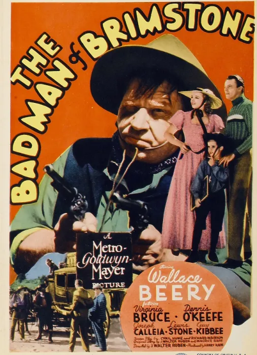 Framed Print : THE BAD MAN OF BRIMSTONE, from left: Wallace Beery, Virginia Bruce, far right: Dennis O'Keefe on midget window card, 1937 Framed Print : THE BAD MAN OF BRIMSTONE, from left: Wallace Beery, Virginia Bruce, far right: Dennis O'Keefe on midget window card, 1937