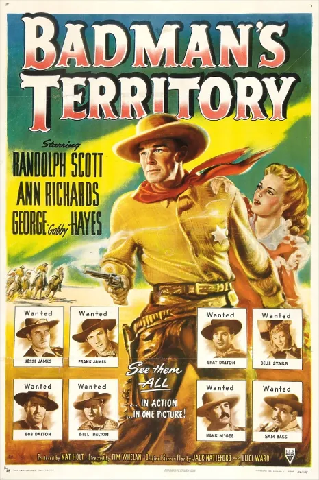 Framed Print : BADMAN'S TERRITORY, US poster, center from left: Randolph Scott, Ann Richards, bottom left clockwise: Lawrence Tierney, Tom Tyler, Phil Warren, Isabel Jewell, Nestor Paiva