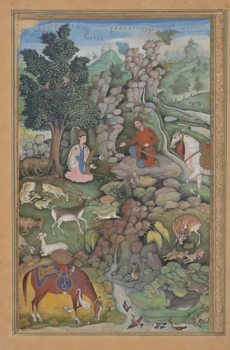 Framed Print : BAHRAM GUR SEES HERD OF DEER MESMERIZED BY DILARAMS MUSIC, by Miskin, 1570-99, watercolor painting