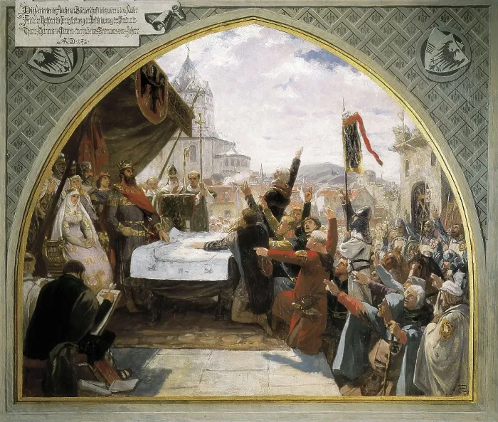 Framed Print : BAHUER, Albert (19th century). Frederick I in Aachen. GERMANY. Aachen. Frankenberg Castle. Episode that happened in 1172. Oil on canvas. AISA / Everett Collection**US SALES ONLY**