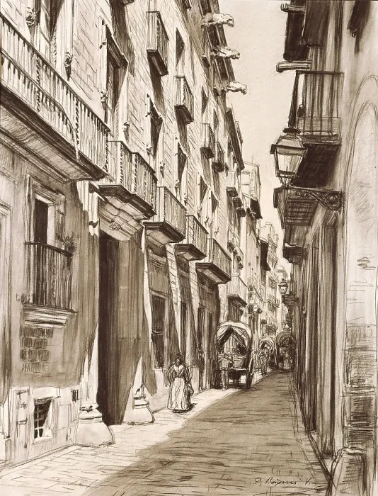 Framed Print : BAIXERAS i VERDAGUER, Dionis (1862-1943). Montcada Street. Drawing. SPAIN. Barcelona. Barcelona City History Museum. - J