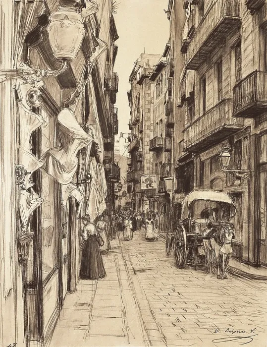 Framed Print : BAIXERAS i VERDAGUER, Dions (1862-1943). Boira Street towards Llana Square. end 19th-beg. 20th c. Drawing. SPAIN. Barcelona. Barcelona City History Museum