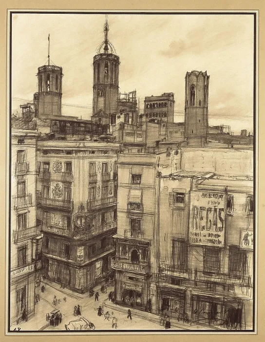 Framed Print : BAIXERAS i VERDAGUER, Dions (1862-1943). Barcelona. Plaza del Angel (Angel Square). 19th-20th c. Drawing. SPAIN. Barcelona. Barcelona City History Museum