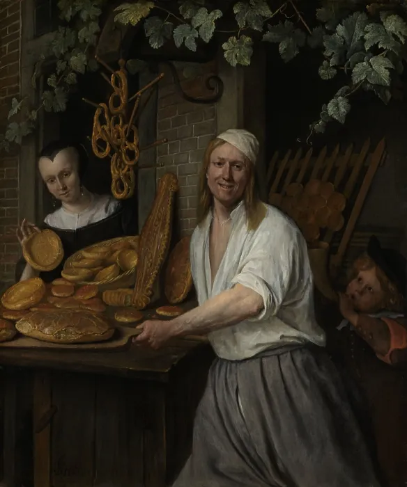Framed Print : The Baker Arent Oostwaard and His Wife, Catharina Keizerswaard, by Jan Steen, 1658, Dutch painting. Oil on panel. A baker and his wife proudly show off their freshly baked goods