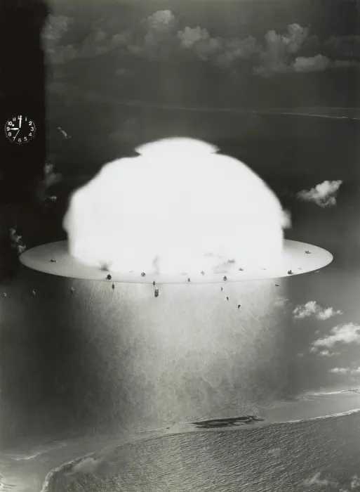 Framed Print : The BAKER test of Operation Crossroads was exploded underwater on July 25, 1946. Image shows condensation cloud and air shock wave moving over the water and target ships