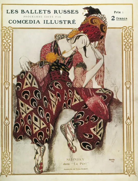 Framed Print : BAKST, Leon (1866-1924). La Peri. 1911. Nijinsky in the ballet 'La Peri'. Image from a programme of the Russian Ballets company. Watercolour. FRANCE. Paris Framed Print : BAKST, Leon (1866-1924). La Peri. 1911. Nijinsky in the ballet 'La Peri'. Image from a programme of the Russian Ballets company. Watercolour. FRANCE. Paris