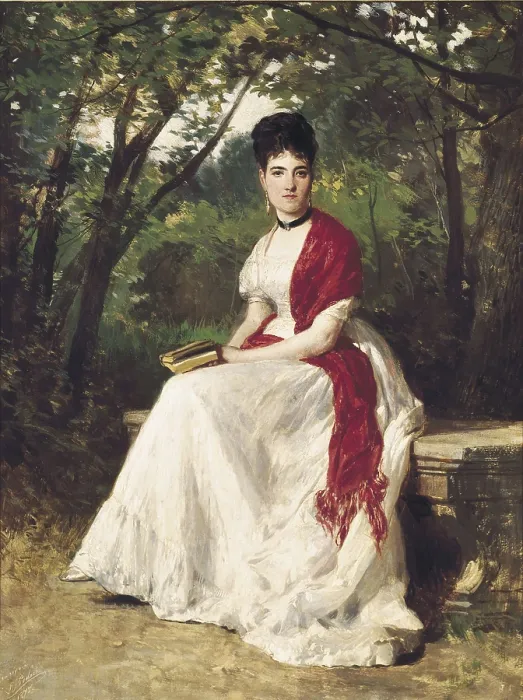 Framed Print : BALACA Y OREJAS-CANSECO, Ricardo (1844-1880). Teresa Vergara, painter's wife, seated in a garden. 1875. Romanticism. Oil on canvas. SPAIN. Madrid. Lzaro Galdiano Foundation