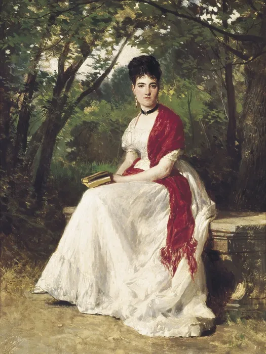 Framed Print : BALACA Y OREJAS-CANSECO, Ricardo (1844-1880). Teresa Vergara, painter's wife, seated in a garden. 1875. Romanticism. Oil on canvas. SPAIN. Madrid. LAzaro Galdiano Foundation