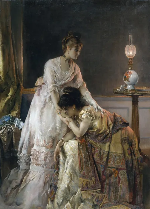 Framed Print : AFTER THE BALL, by Alfred Stevens, 1874, Belgian painting, oil on canvas. The alternate title of this scene of consolation is CONFIDENCE Framed Print : AFTER THE BALL, by Alfred Stevens, 1874, Belgian painting, oil on canvas. The alternate title of this scene of consolation is CONFIDENCE