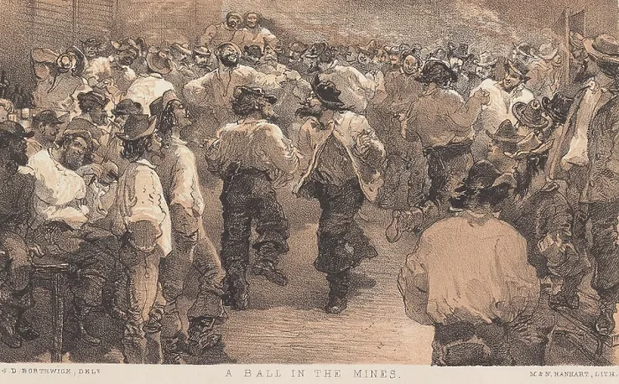 Framed Print : A BALL IN THE MINES, 1857, an illustration from Three Years in California, by J.D. Borthwick