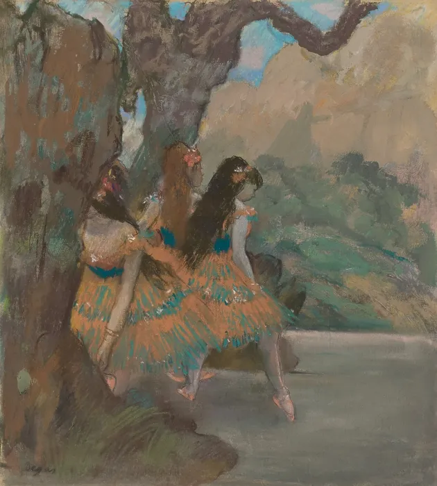 Framed Print : Ballet Dancers, by Edgar Degas, 1877, French impressionist pastel drawing. Dancers emerge from the scenery flat at the side of the stage (BSLOC_2016_5_160)