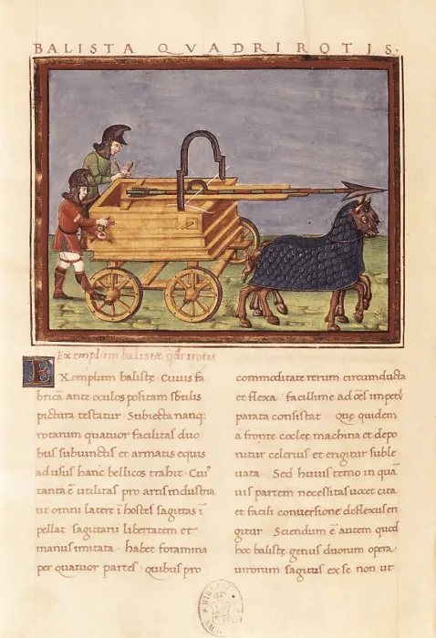 Framed Print : Ballista quadrirotis. Carroballista. Roman siege machine four wheeled mounted on cart of horses