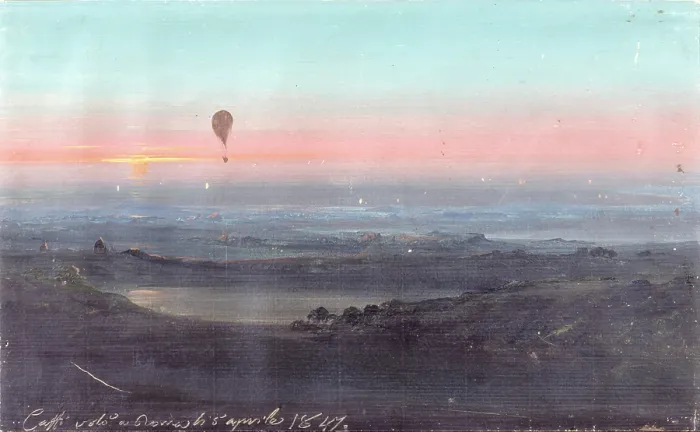 Framed Print : Balloon Ascension in the Roman Countryside, by Ippolito Caffi, 1847, 19th Century, tempera on paper - Italy, Veneto, Treviso, Civic Museum. Whole artwork view Framed Print : Balloon Ascension in the Roman Countryside, by Ippolito Caffi, 1847, 19th Century, tempera on paper - Italy, Veneto, Treviso, Civic Museum. Whole artwork view