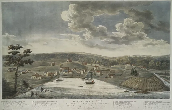 Framed Print : BALTIMORE IN 1752. Colored engraving by William Strickland from a 1752 landscape sketch by John Moale. The key at bottom identifies street names, buildings, churches and ships