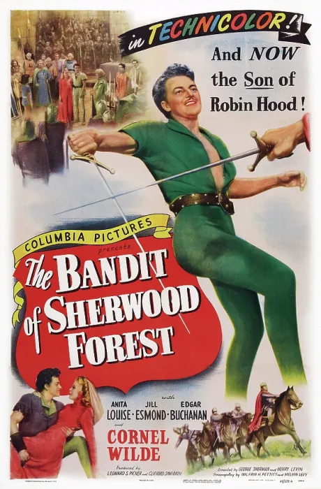 Framed Print : THE BANDIT OF SHERWOOD FOREST, US poster art, bottom left: Cornel Wilde, Anita Louise; top right: Cornel Wilde, 1946