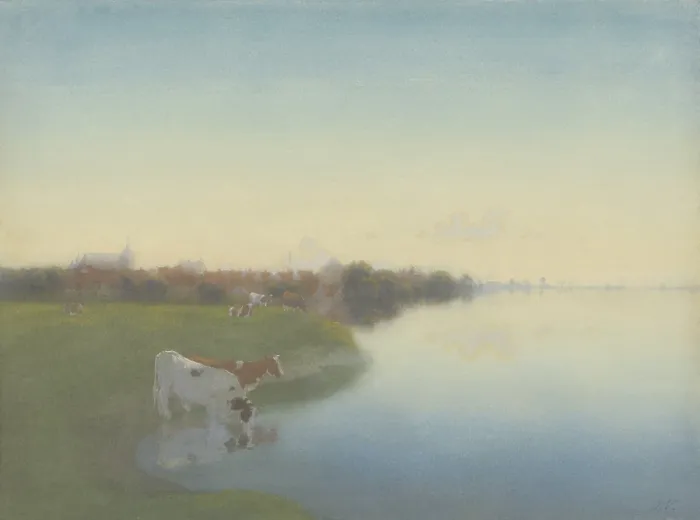 Framed Print : Bank of the river IJssel near Hattem, by Jan Voerman, 1867-1919, Dutch watercolor painting. Luminous landscape with cows drinking at river's edge. (BSLOC_2016_1_321) Framed Print : Bank of the river IJssel near Hattem, by Jan Voerman, 1867-1919, Dutch watercolor painting. Luminous landscape with cows drinking at river's edge. (BSLOC_2016_1_321)