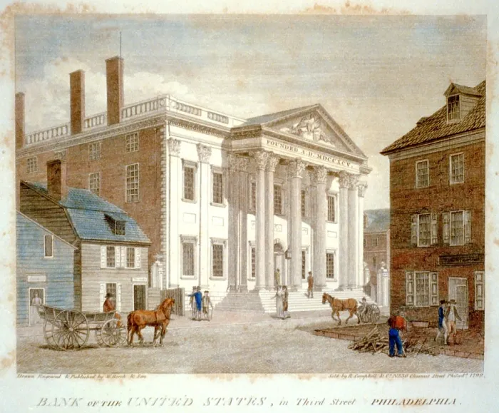 Framed Print : Bank of the United States, on Third Street, Philadelphia. Opened for business in 1797. Philadelphia, PA. Colored engraving by William Birch, ca. 1800 Framed Print : Bank of the United States, on Third Street, Philadelphia. Opened for business in 1797. Philadelphia, PA. Colored engraving by William Birch, ca. 1800
