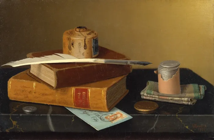 Framed Print : THE BANKER'S TABLE, by William Michael Harnett, 1877, American painting, oil on canvas Framed Print : THE BANKER'S TABLE, by William Michael Harnett, 1877, American painting, oil on canvas