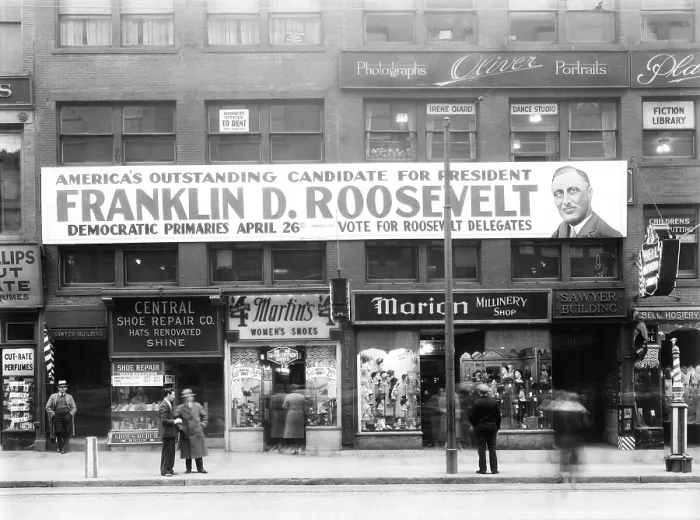 Framed Print : Banner for Franklin Roosevelt in Worcester, Massachusetts. April 1932. The large sign spans across two buildings, urging people to vote for FDR in the Democratic primary Framed Print : Banner for Franklin Roosevelt in Worcester, Massachusetts. April 1932. The large sign spans across two buildings, urging people to vote for FDR in the Democratic primary