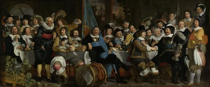 Framed Print : Banquet at the Crossbowmen's Guild in Celebration of the Treaty of Munster, c. 1648. By Bartholomeus van der Helst, Dutch painting, oil on canvas