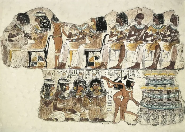 Framed Print : Banquet scene. ca. 1350 BC. 18th Dynasty. Wall painting from the tomb of Nebamun