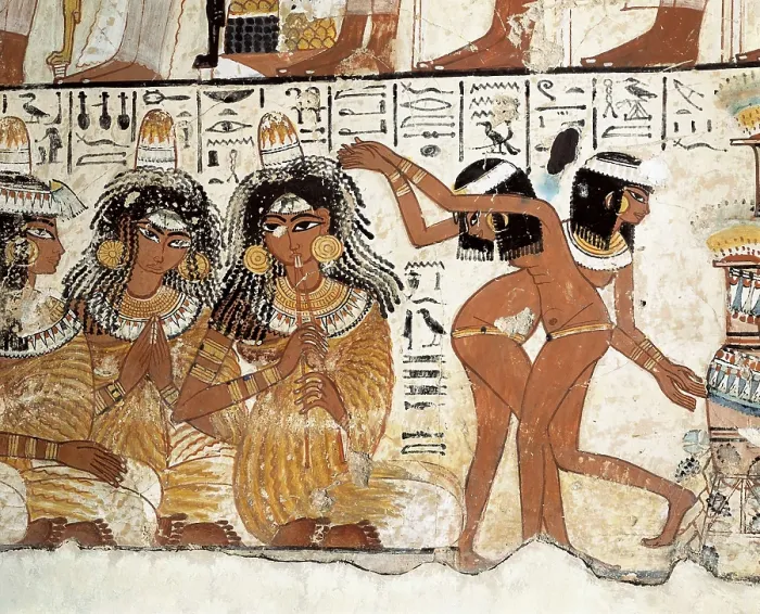 Framed Print : Banquet scene. ca. 1350 BC. 18th Dynasty. Wall painting from the tomb of Nebamun. Musicians and dancers. Egyptian art. New Kingdom. Painting. UNITED KINGDOM. London