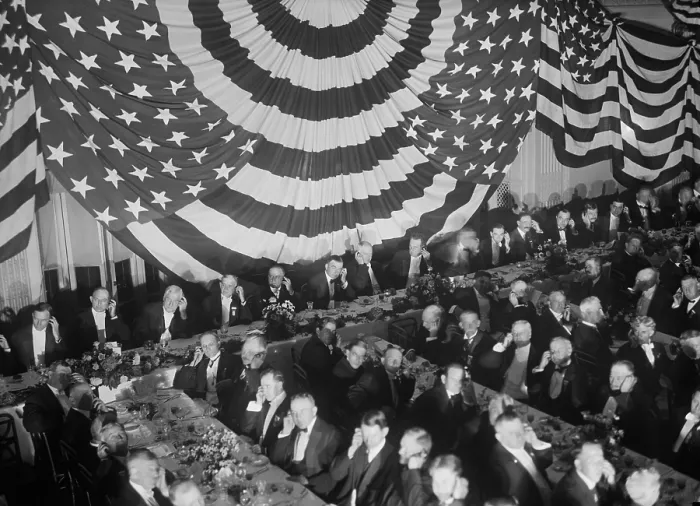 Framed Print : Banquet scene with seated men holding listening devices to their ears, Washington D.C