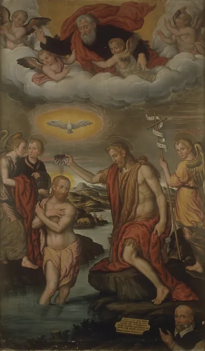 Framed Print : Baptism of Christ with donor, by Giovan Battista Bertucci the Younger, 16th 17th Century, oil on canvas, 256 x 153 cm - Italy, Emilia Romagna, Faenza Framed Print : Baptism of Christ with donor, by Giovan Battista Bertucci the Younger, 16th 17th Century, oil on canvas, 256 x 153 cm - Italy, Emilia Romagna, Faenza