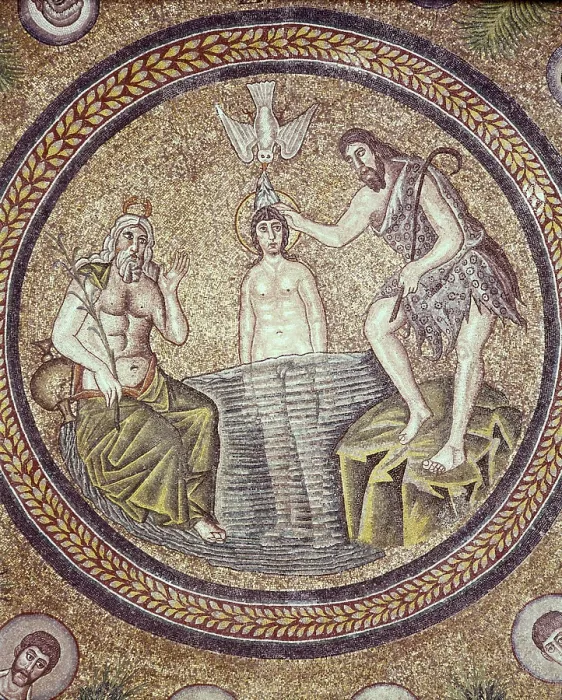 Framed Print : Baptism of Christ. end 5th c. ITALY. Ravenna. Arian Baptistry. Early Byzantine art. Mosaic. - BeBa / Iberfoto / Everett Collection (270553)**US SALES ONLY** Framed Print : Baptism of Christ. end 5th c. ITALY. Ravenna. Arian Baptistry. Early Byzantine art. Mosaic. - BeBa / Iberfoto / Everett Collection (270553)**US SALES ONLY**