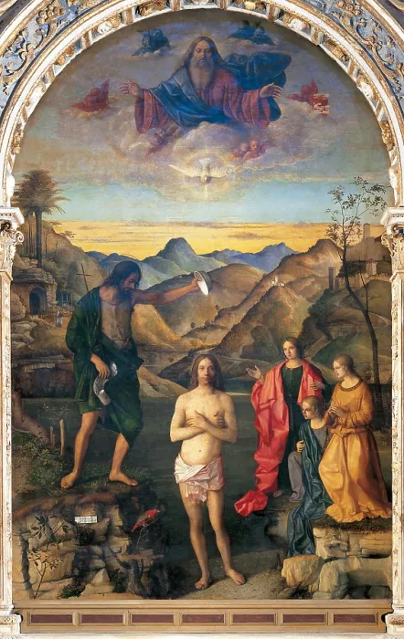 Framed Print : Baptism of Christ, by Giovanni Bellini, 1500 - 1502, 16th Century, oil on canvas, 400 x 263 cm - Italy, Veneto, Vicenza, Church of Saint Corona. Whole artwork view
