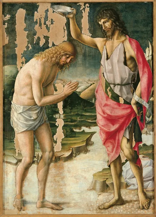 Framed Print : The Baptism of Christ, by Lorenzo dAlessandro, 1490 about, 15th Century, tempera on panel, cm 155 x 110 - Italy, Marche, Pesaro Urbino, Urbino, Marche National Gallery. All Framed Print : The Baptism of Christ, by Lorenzo dAlessandro, 1490 about, 15th Century, tempera on panel, cm 155 x 110 - Italy, Marche, Pesaro Urbino, Urbino, Marche National Gallery. All