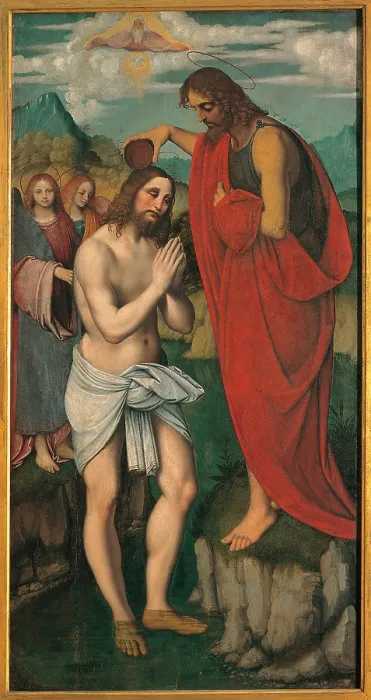 Framed Print : Baptism of Christ, by Marco dOggiono, Giovanni Agostino da Lodi known as Pseudo Boccaccino, 16th Century, oil on poplar wood panel, - Italy, Lombardy, Milan, Brera Art Gallery