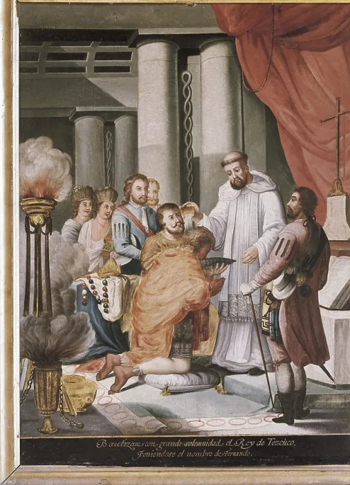 Framed Print : Baptism of the King of Texcoco with the name of Fernando. 'HernAn Cortes restores on his throne to the king of the city of Texcoco in 1519