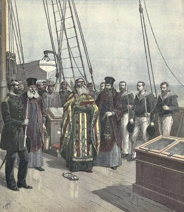 Framed Print : Baptism in Saint Nazare (France) of the yacht 'Strela'property of Big Duke Alexisbrother of the czar of Russia. Engraving by A Framed Print : Baptism in Saint Nazare (France) of the yacht 'Strela'property of Big Duke Alexisbrother of the czar of Russia. Engraving by A